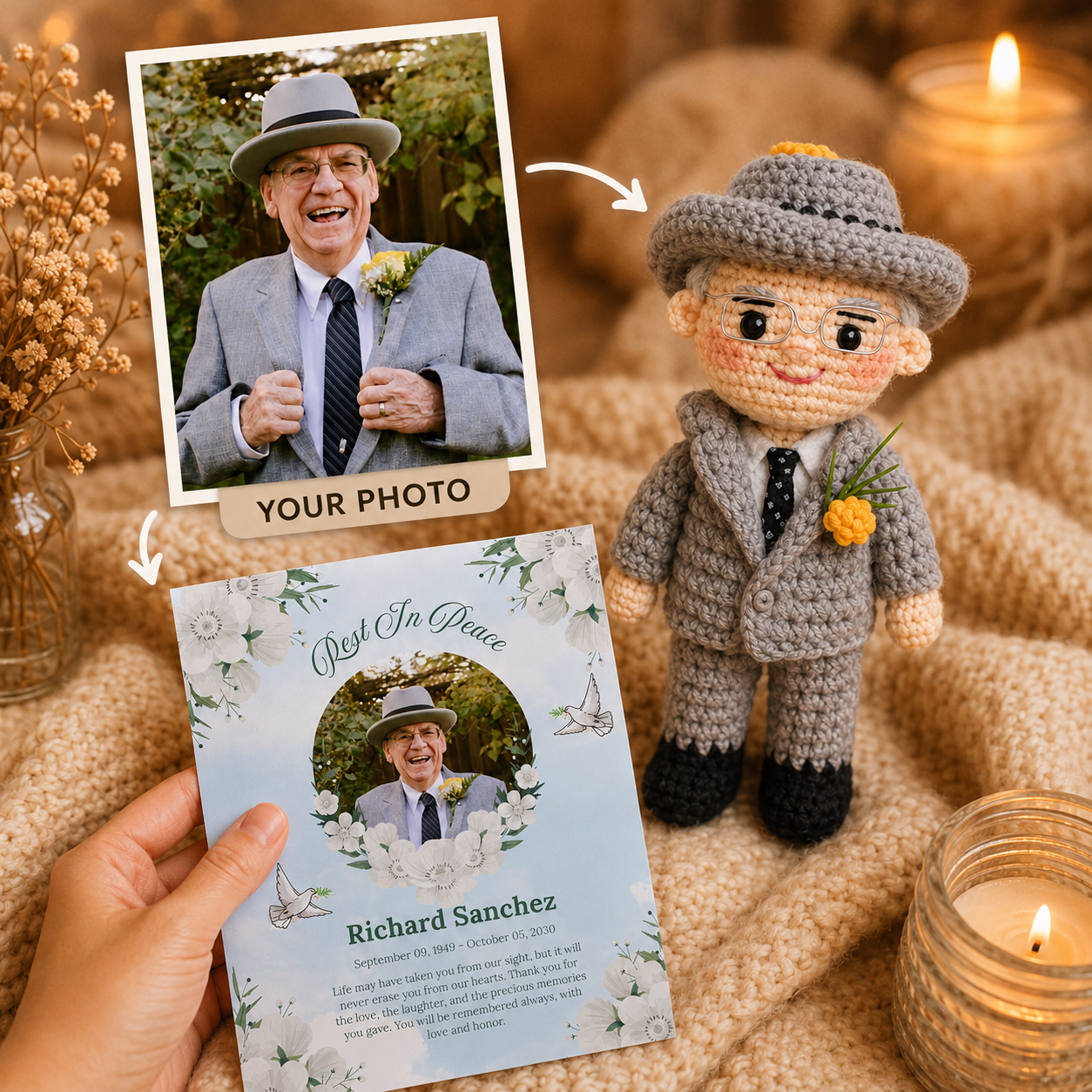 Personalized Crochet Doll with Photo Card “Rest In Peace”