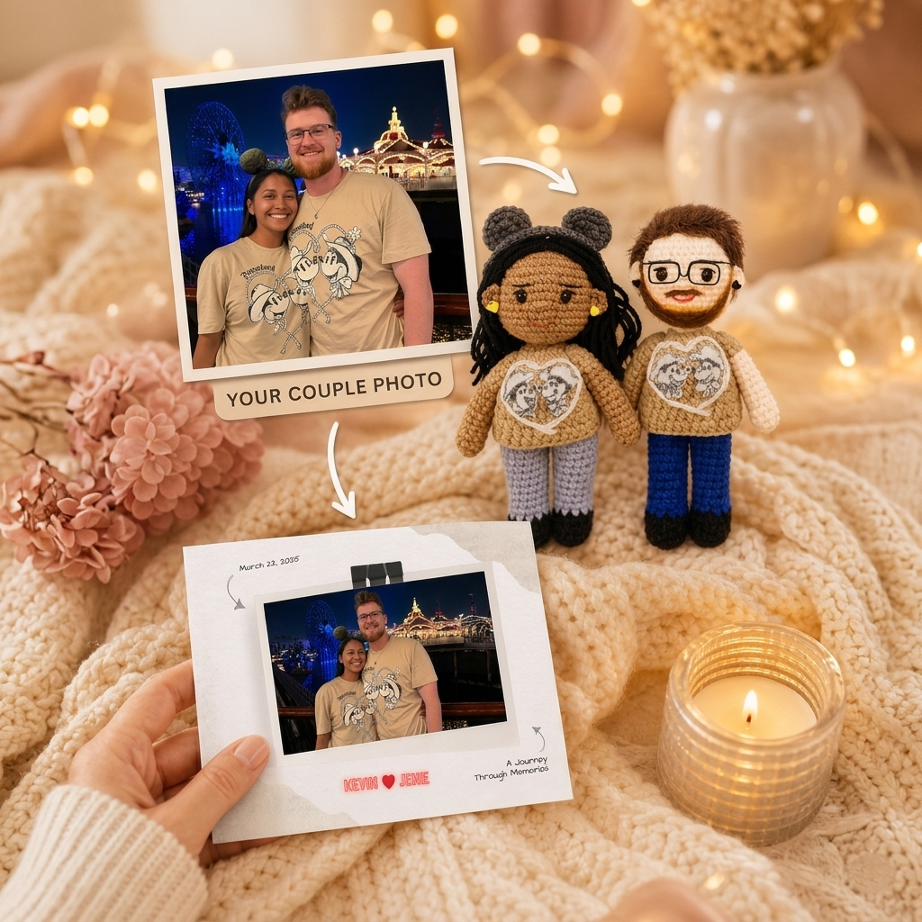 Personalized Crochet Doll for Couple with Photo Memory Card “A Journey Through Memories”