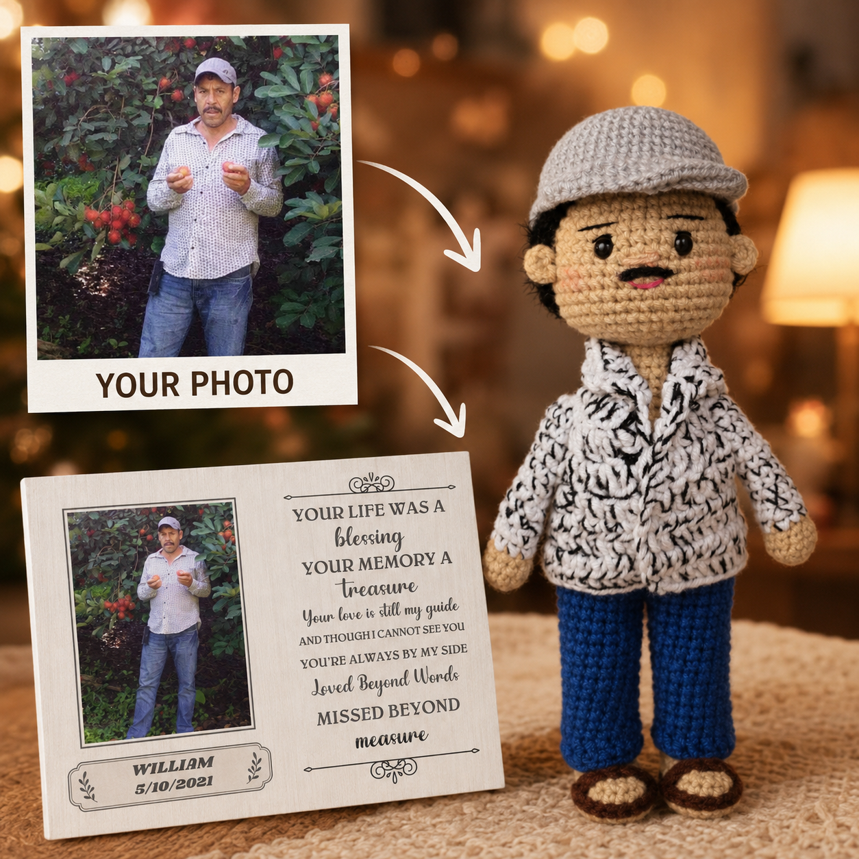 Personalized Crochet Doll with Photo Card “Your Life Was a Blessing, Your Memory a Treasure”