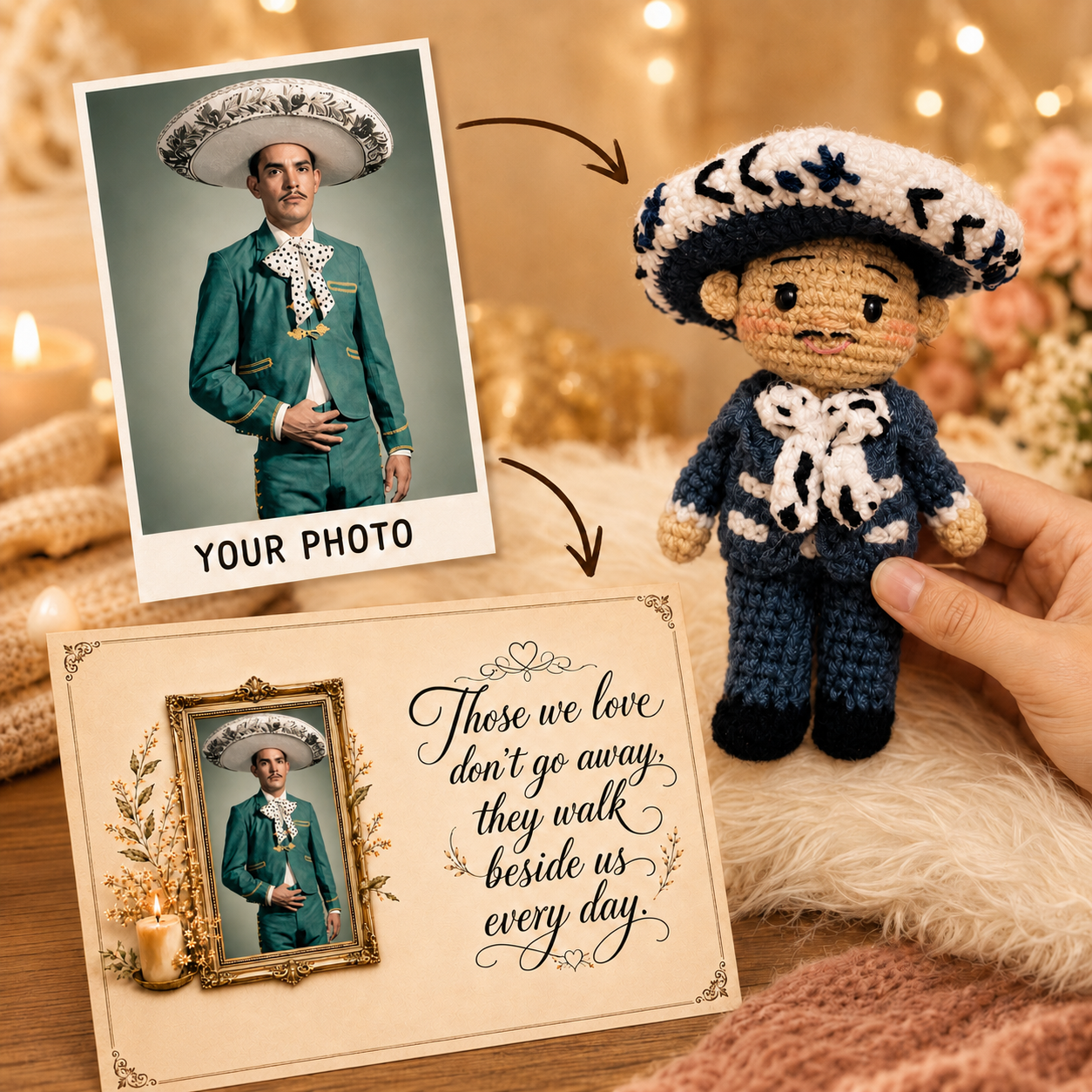 Personalized Crochet Doll with Photo Card “Those We Love Don't Go Away”