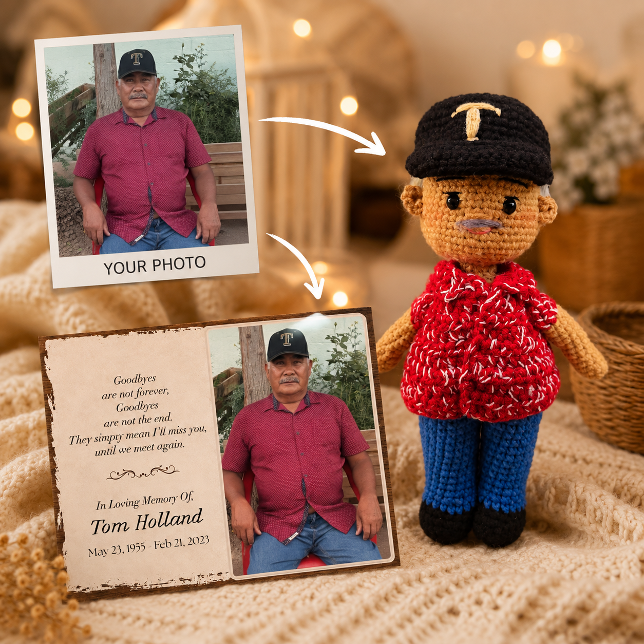 Personalized Crochet Doll with Photo Card “Goodbyes Are Not Forever”