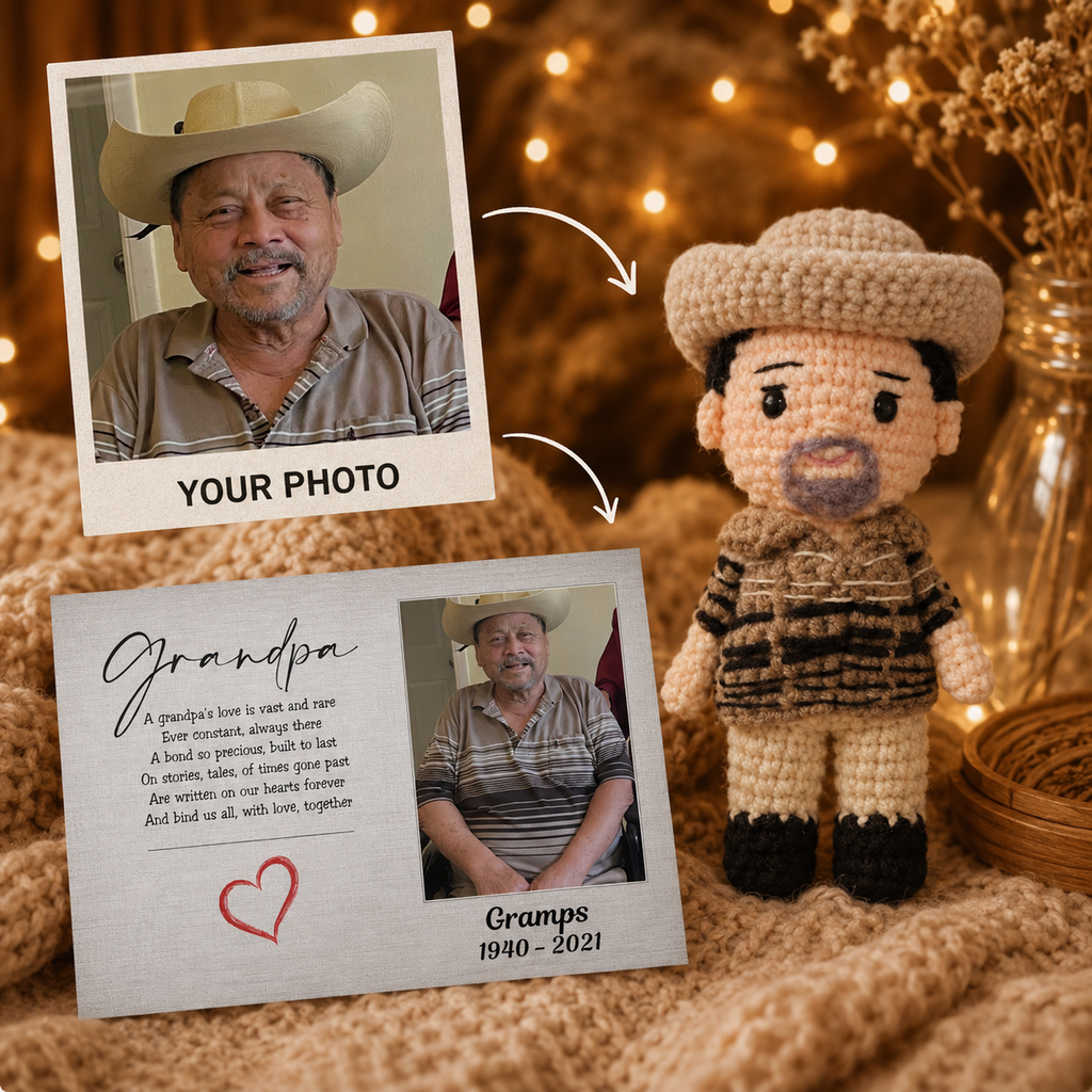 Personalized Crochet Doll with Photo Card “A Grandpa's Love Is Vast And Rare”