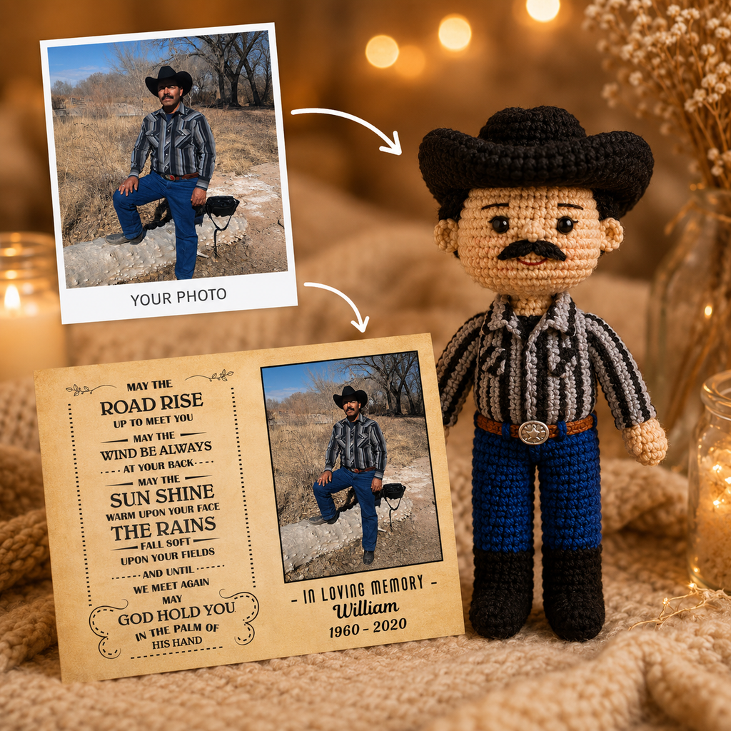 Personalized Crochet Doll with Photo Card “May God Hold You In The Palm Of His Hand”