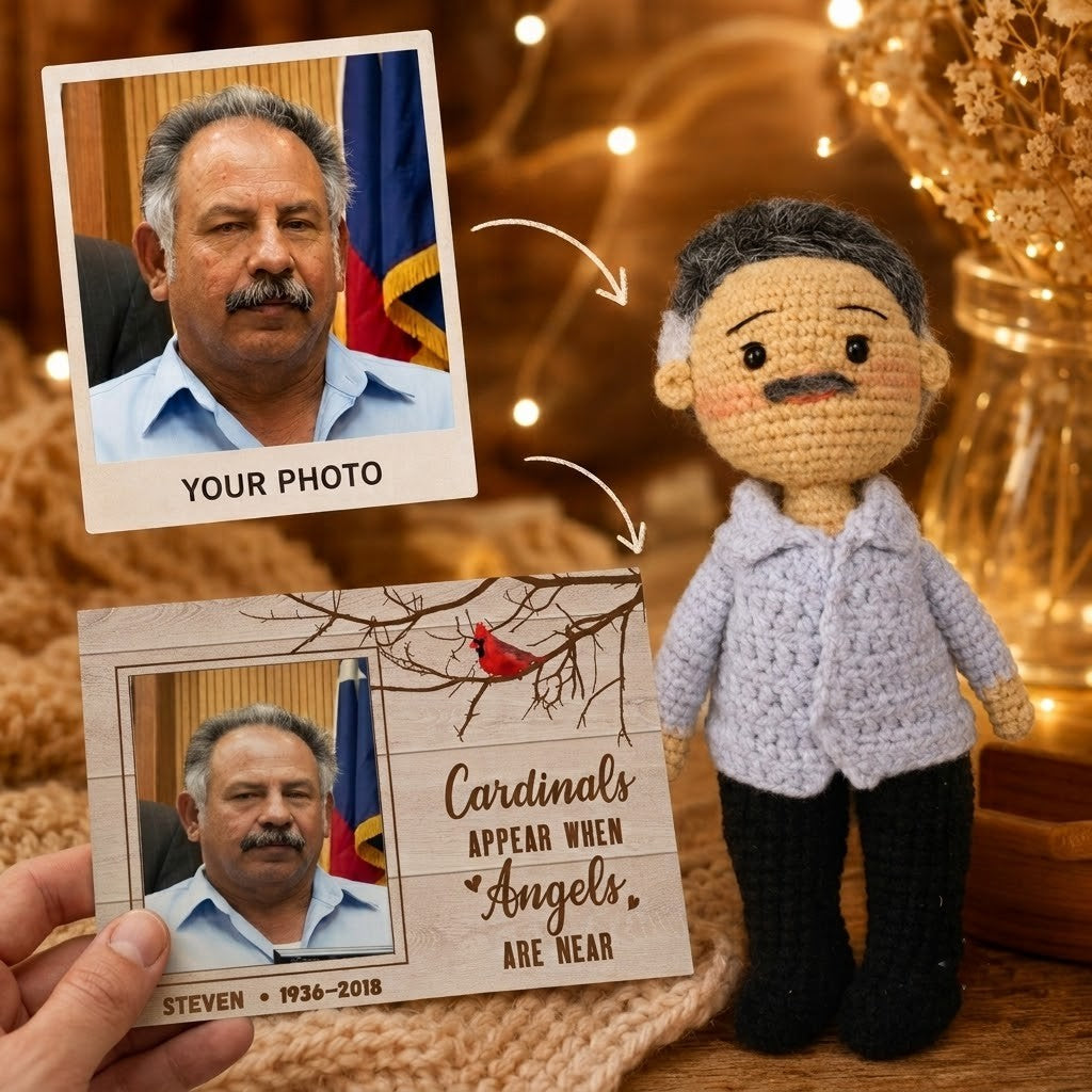 Personalized Crochet Doll with Photo Card “Cardinals Appear When Angels Are Near”