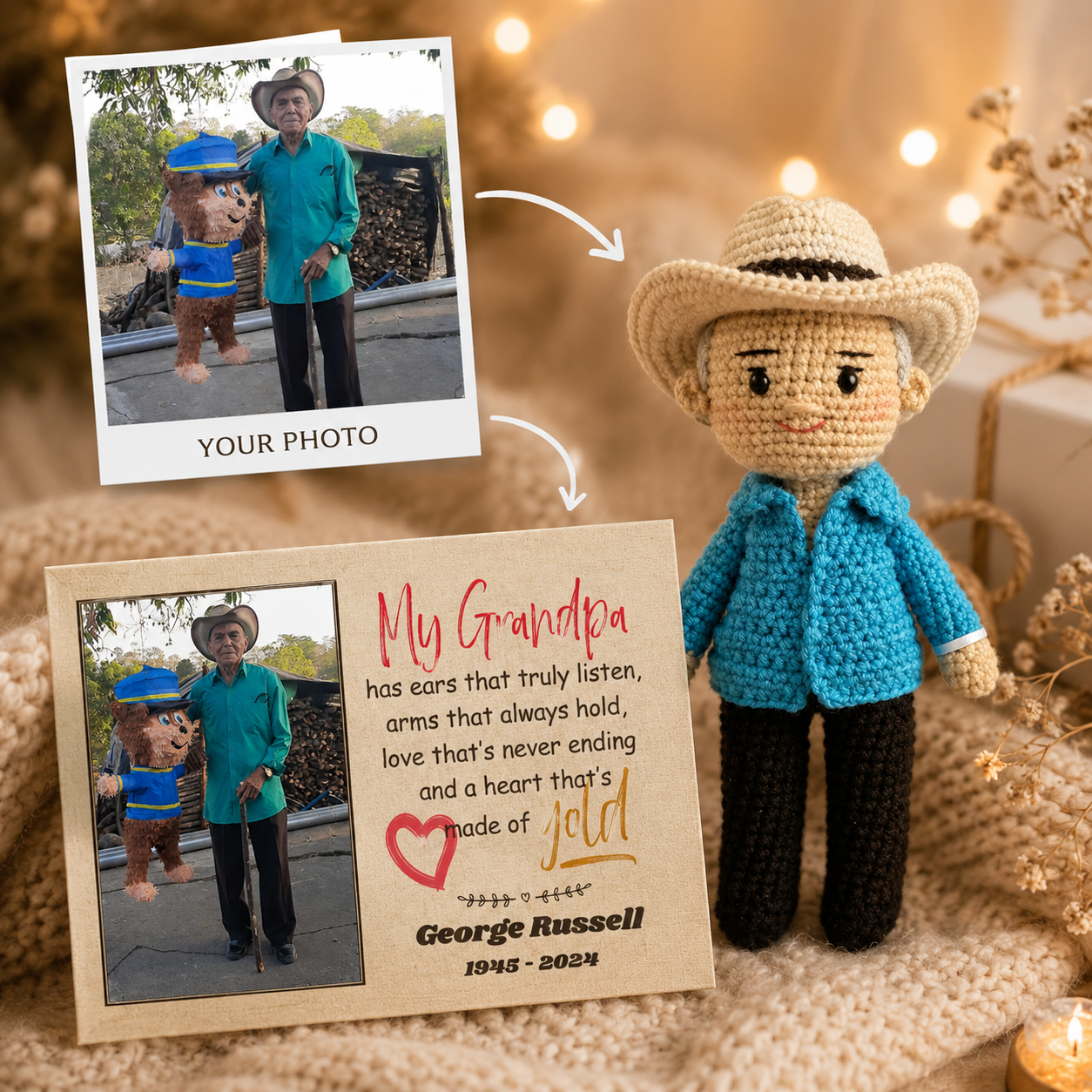 Personalized Crochet Doll with Photo Card “My Grandpa Has A Heart That Made of Gold”
