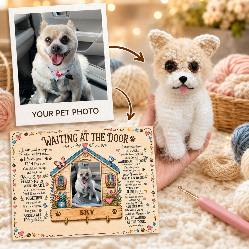 Personalized Crochet Doll for Pet with Photo Card “Waiting At The Door”