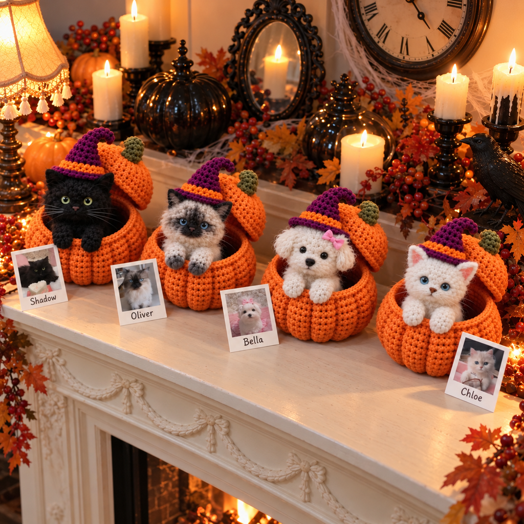 My Little Pumpkin – Personalized Crochet Pet Shelf Sitter  | Halloween Edition