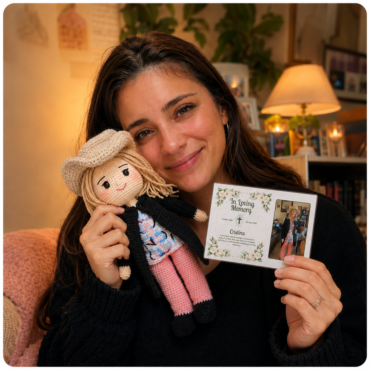 A handcrafted crochet keepsake created from a treasured photo