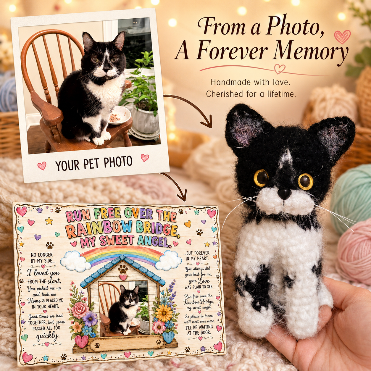 Personalized Crochet Doll for Pet with Photo Card “Run Free Over The Rainbow Bridge”
