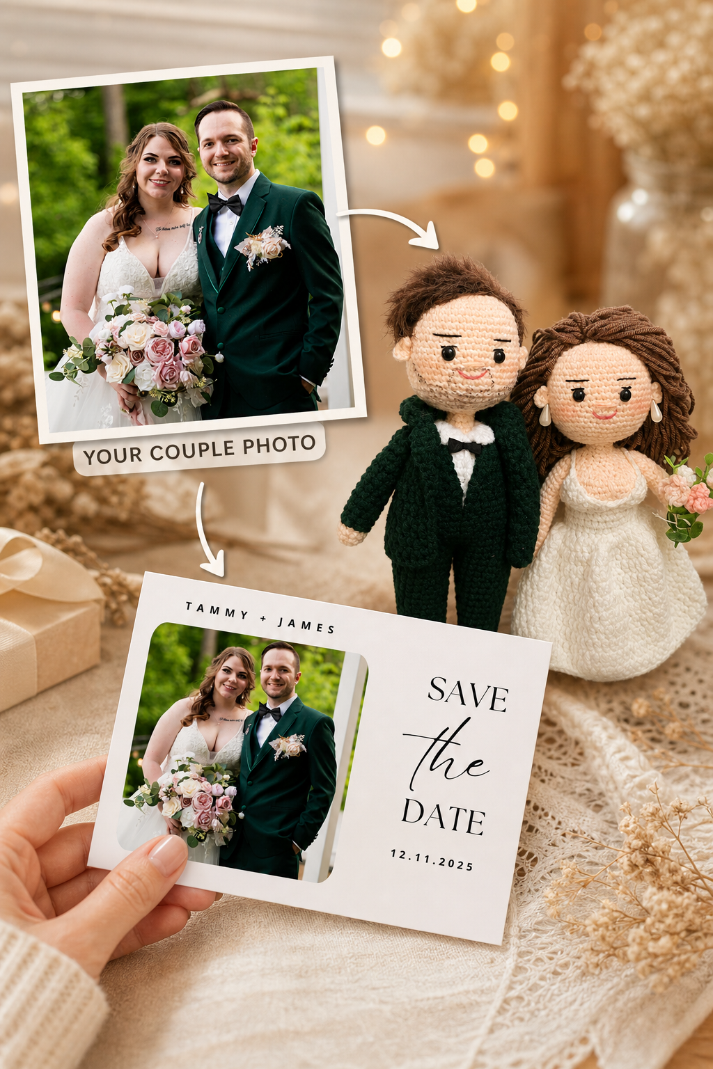 Personalized Crochet Doll for Couple with Photo Memory Card “Save The Date”