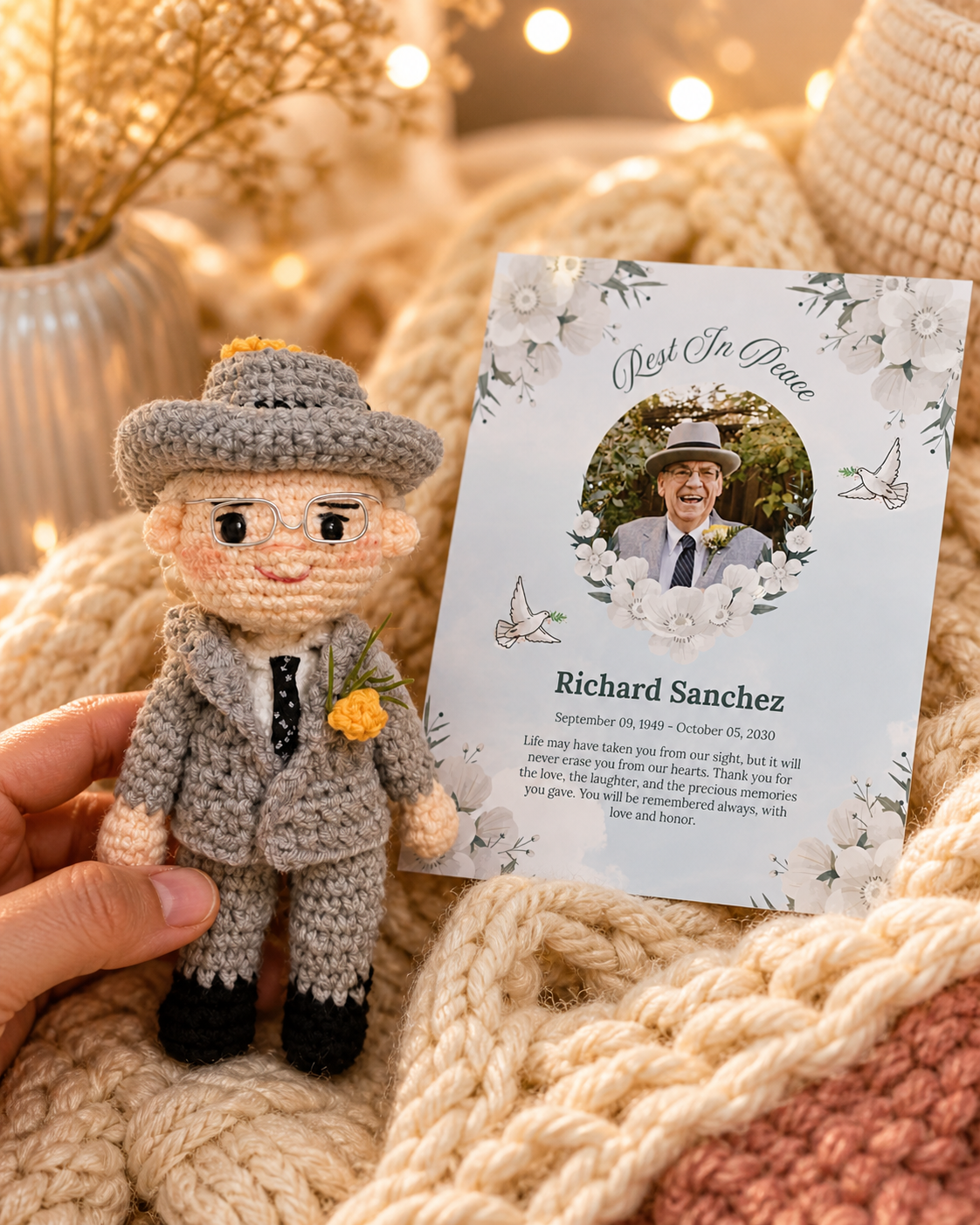 Personalized Crochet Doll with Photo Card “Rest In Peace”