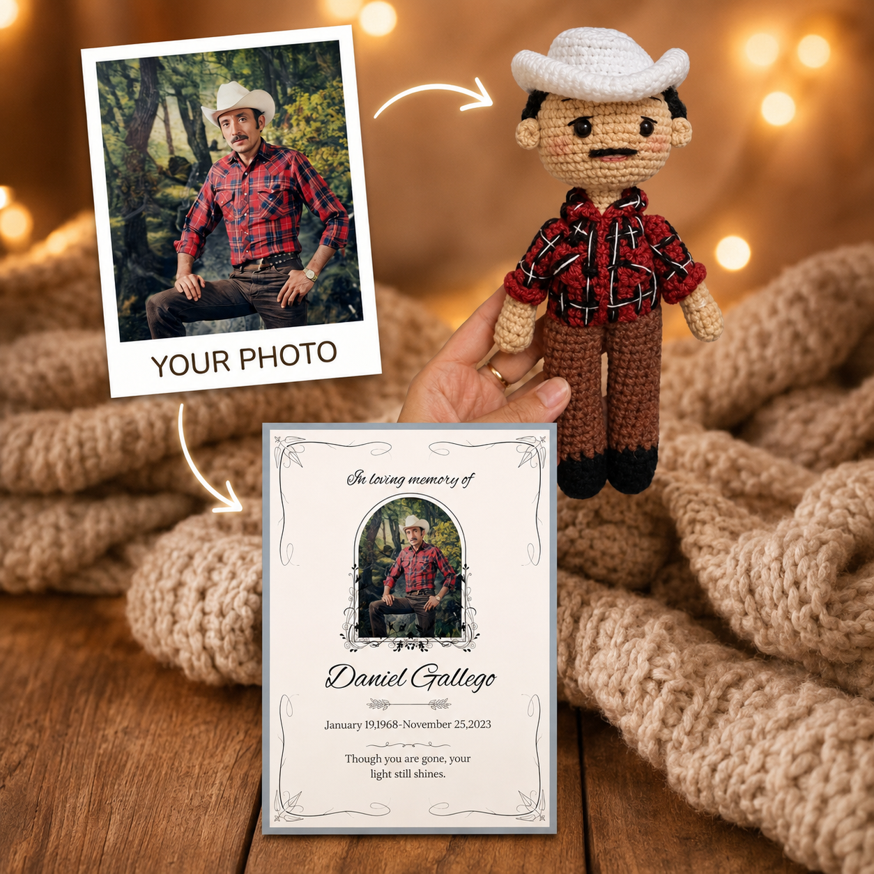 Personalized Crochet Doll with Photo Card “In Loving Memory” - V1