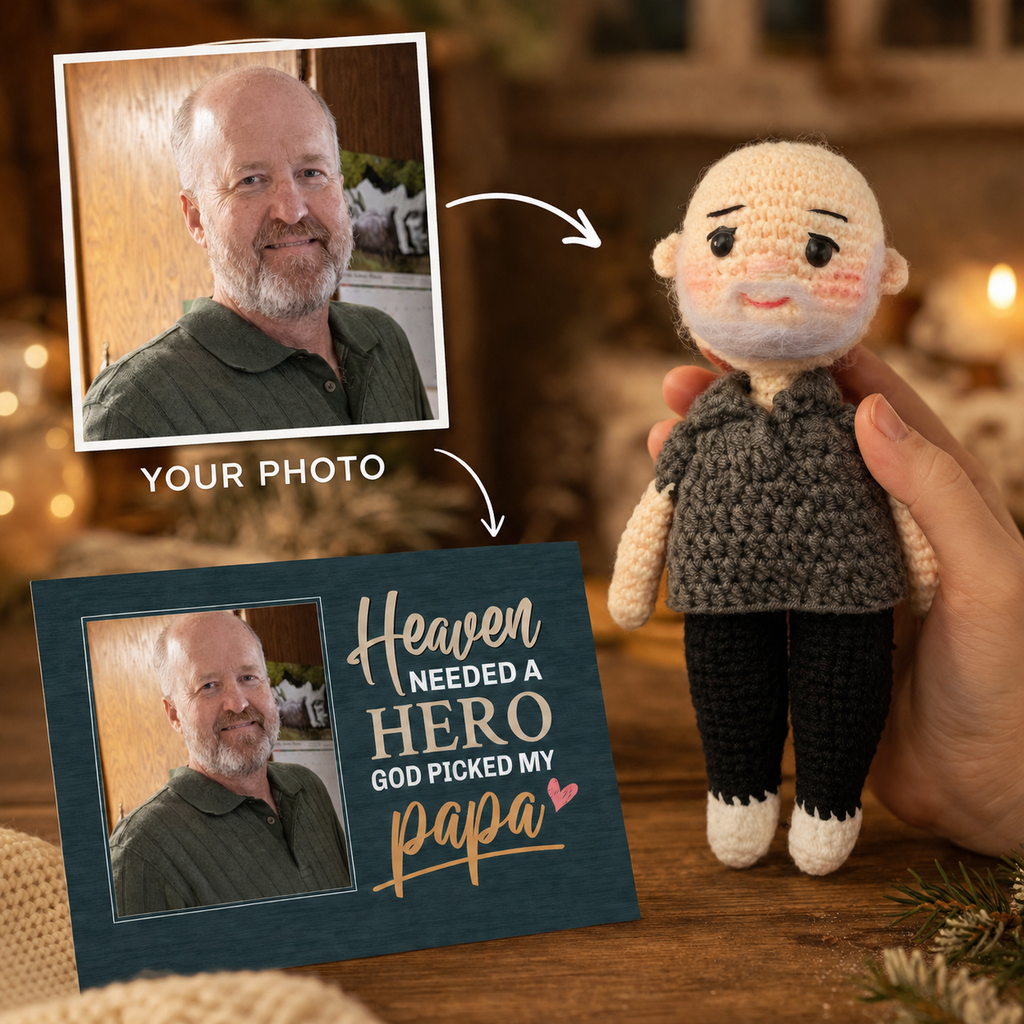 Personalized Crochet Doll with Photo Card “Heaven Need A Hero, God Picked My Papa”