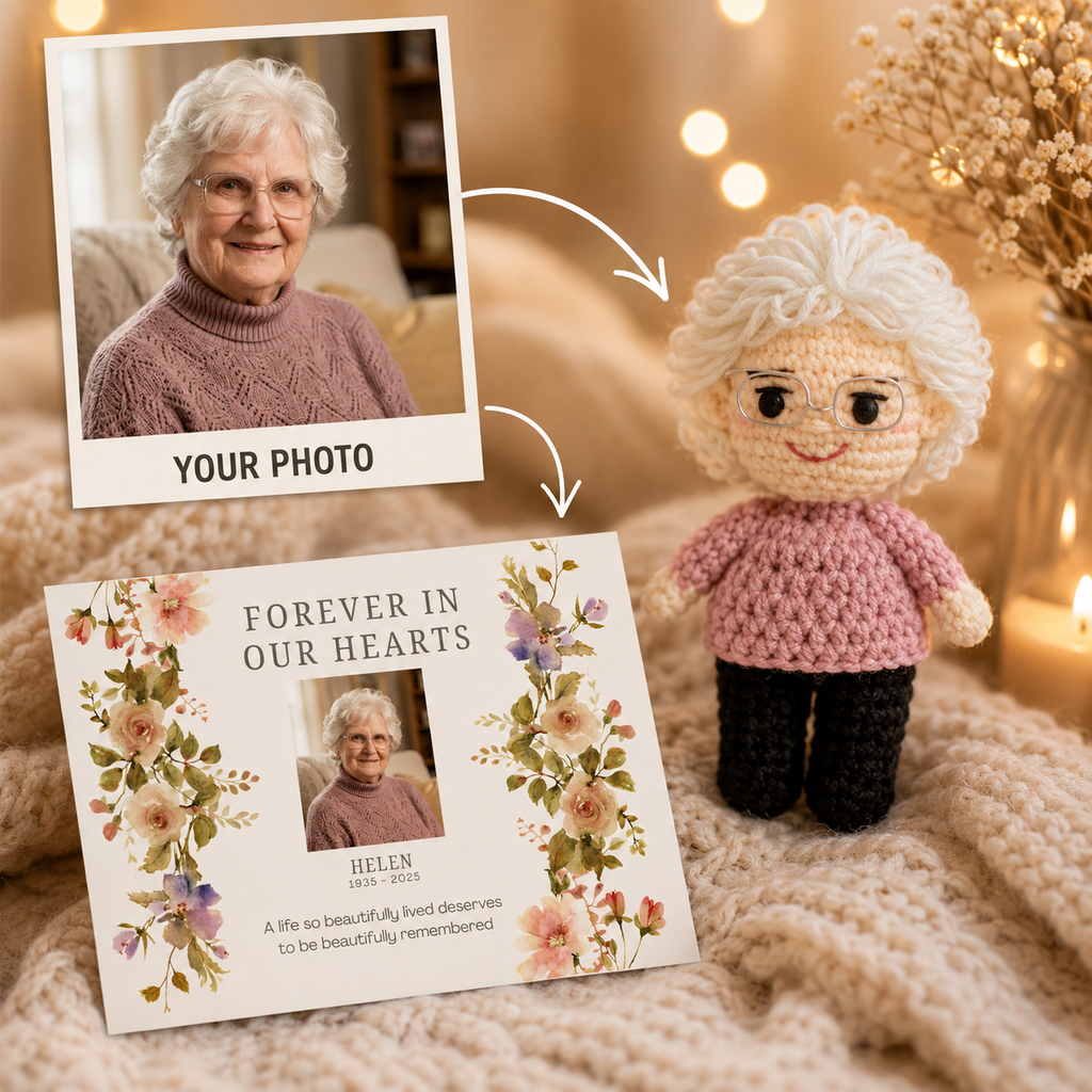 Personalized Crochet Doll with Photo Card “Forever In Our Hearts”