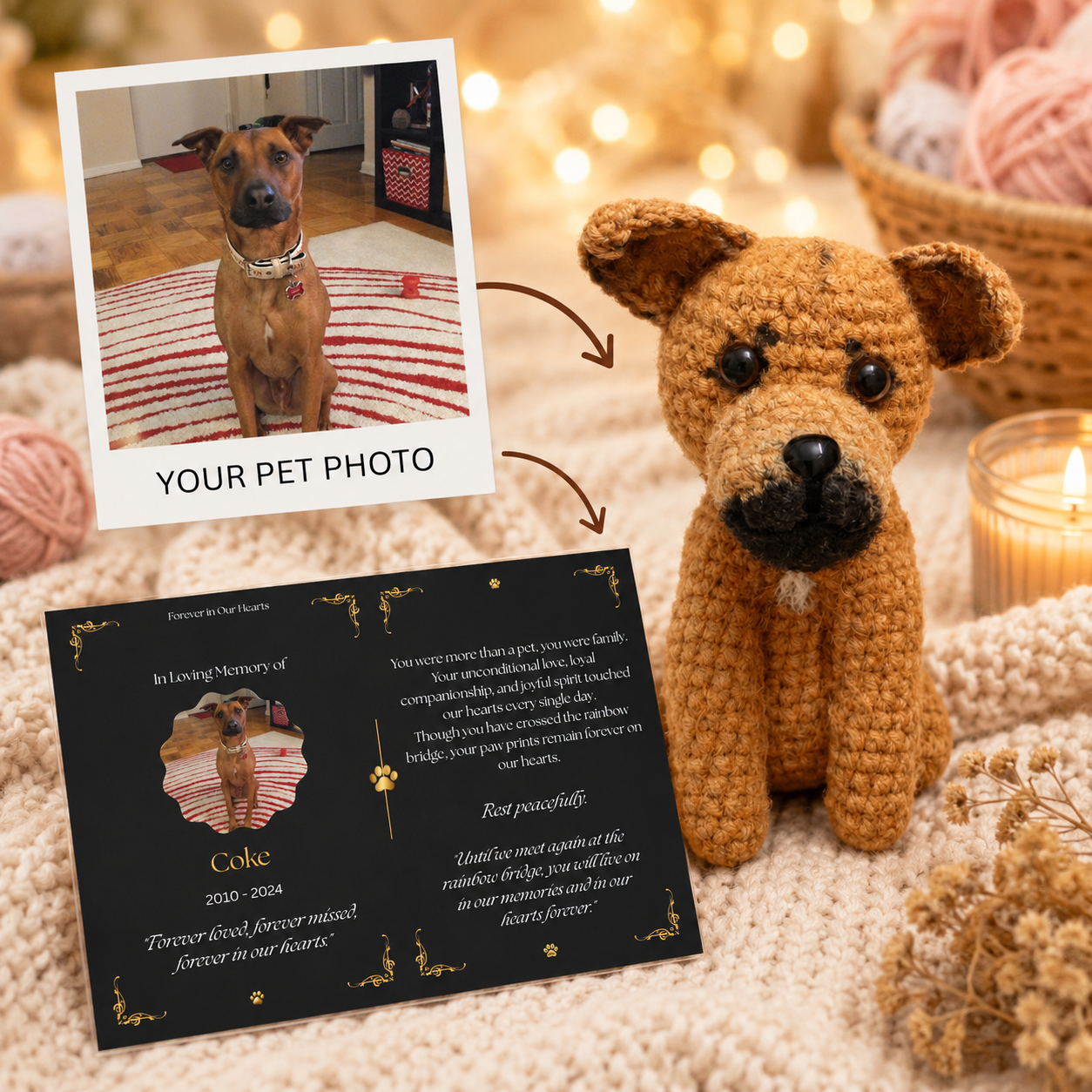 Personalized Crochet Doll for Pet with Photo Card “In Loving Memory”
