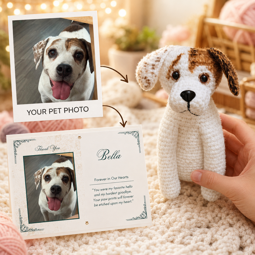 Personalized Crochet Doll for Pet with Photo Card “Forever In Our Hearts”