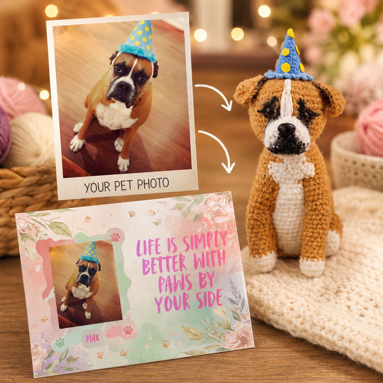 Personalized Crochet Doll for Pet with Photo Card “Life is simply better with paws by your side”
