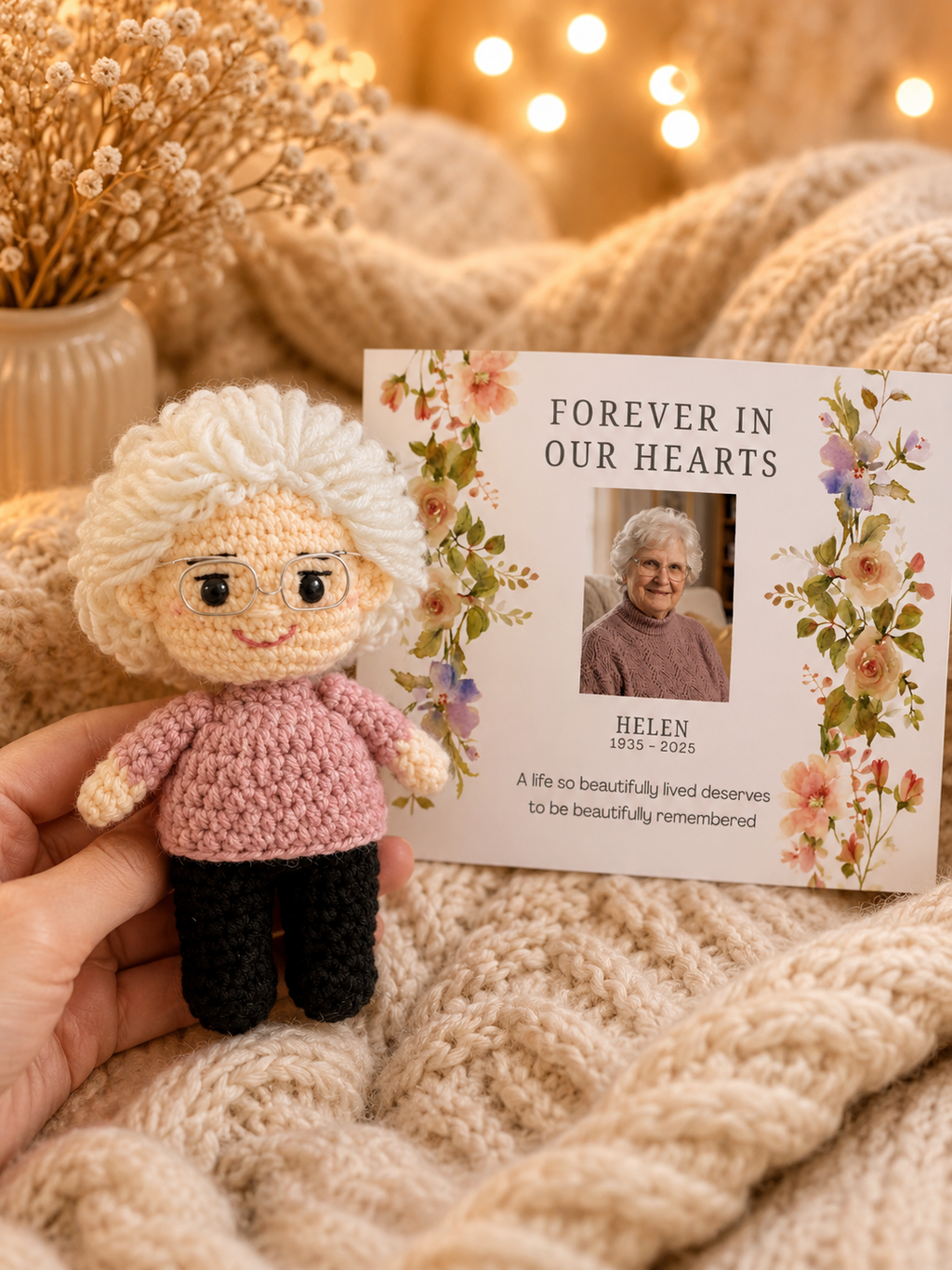 Personalized Crochet Doll with Photo Card “Forever In Our Hearts”