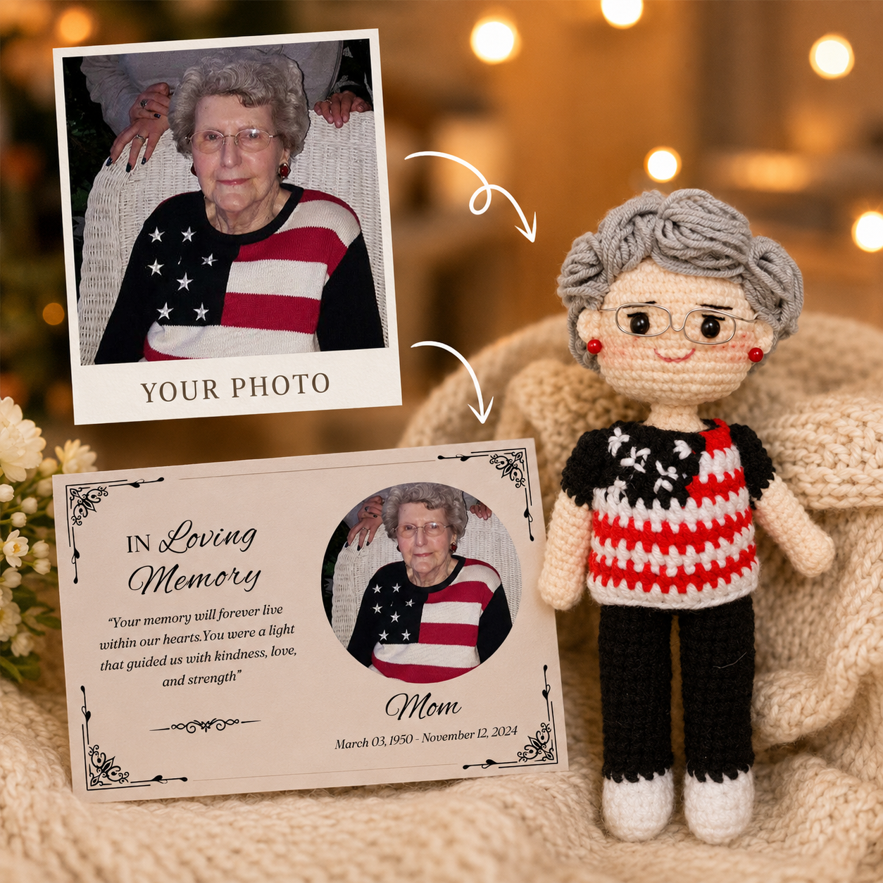 Personalized Crochet Doll with Photo Card “In Loving Memory” - V2