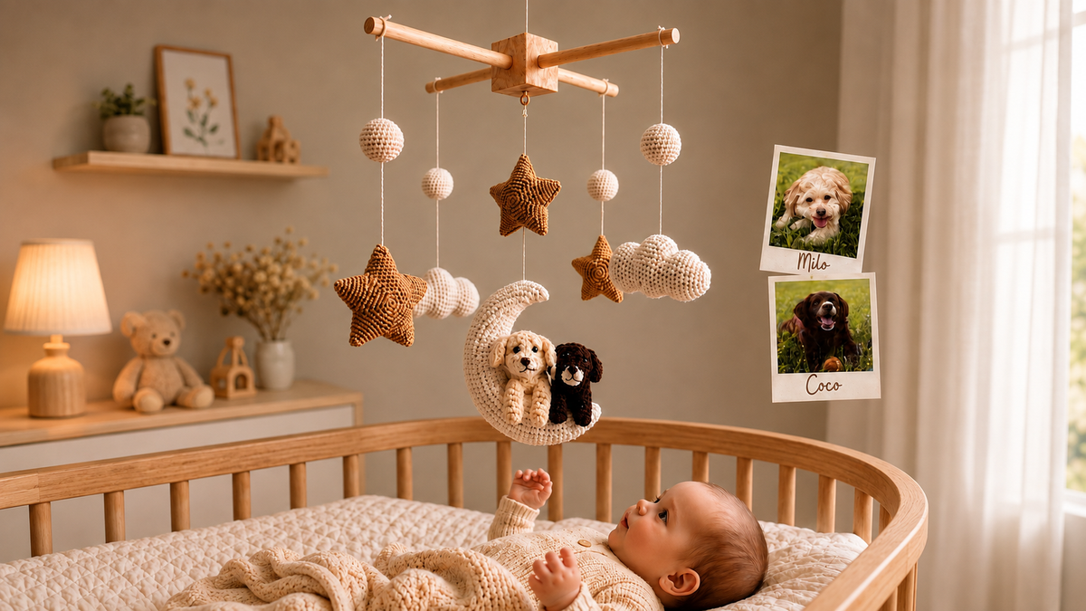 Personalized pet baby mobile handmade from pet photos above a crib